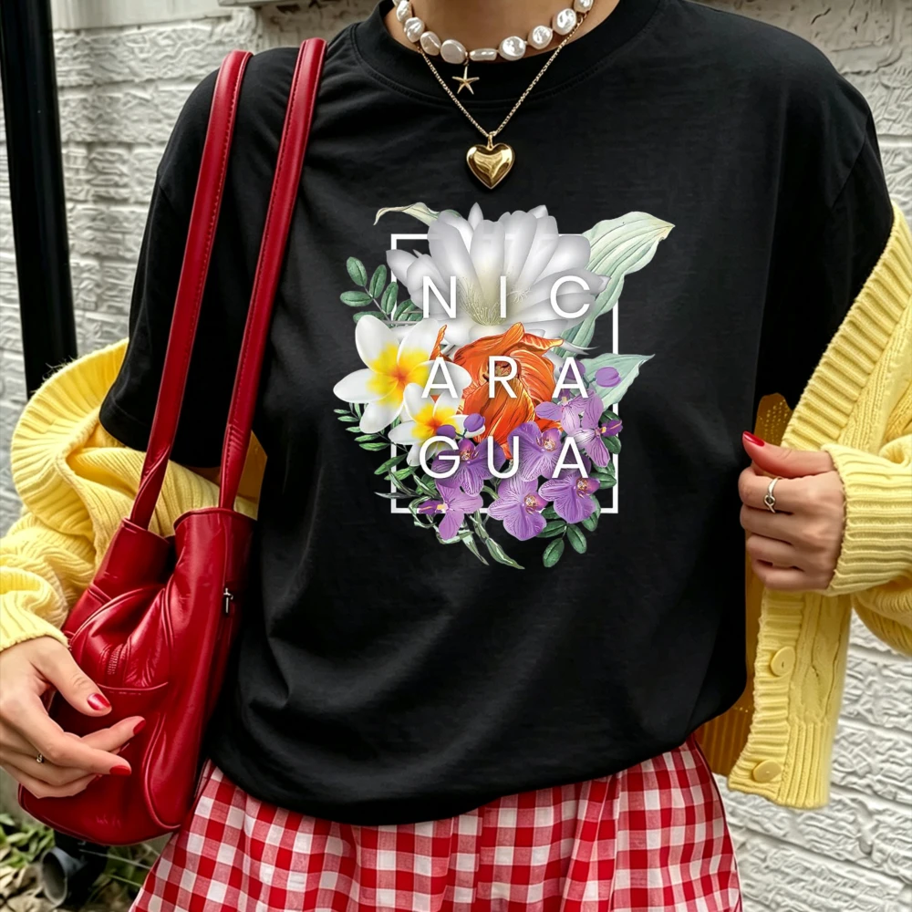 Women Pure Cotton T Shirt NICARAGUA Tropical Plumeria Orchid Floral Square Frame Central Vacation Travel Boho Flower Summer Tops