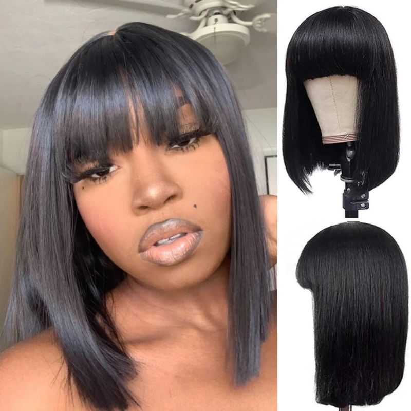 

180% density Straight Wig Gift for Girlfriend mother Bob Wig Human Hair No Glue Wig Alimice Machine Made Wig with Bang
