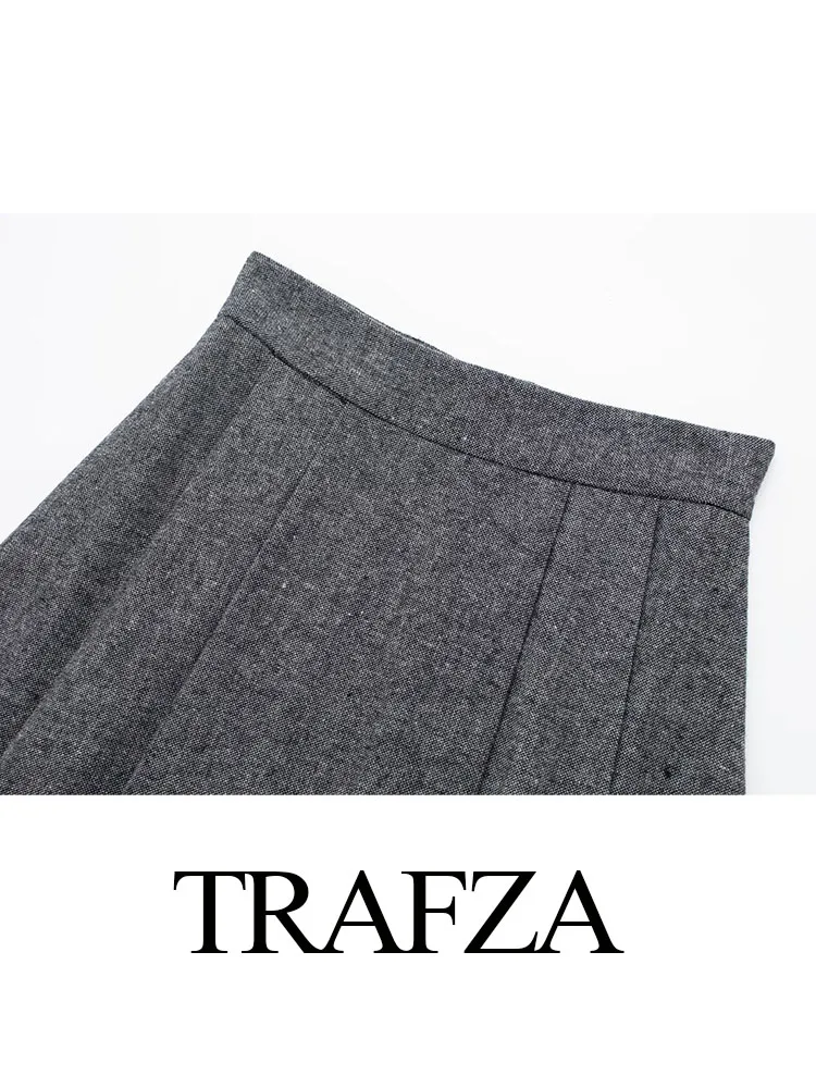 TRAFZA Women Fashion Spring Vintage Grey Pleated Long Skirt Female Chic Zipper High Waist Elegant A Line Skirts Streetwear