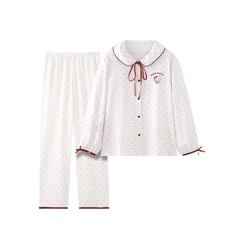 Hello Kitty-Ensemble pyjama à manches longues pour femme, pantalon en coton, décontracté, dessin animé Sanurgente, vêtements de détente, automne, nouveau