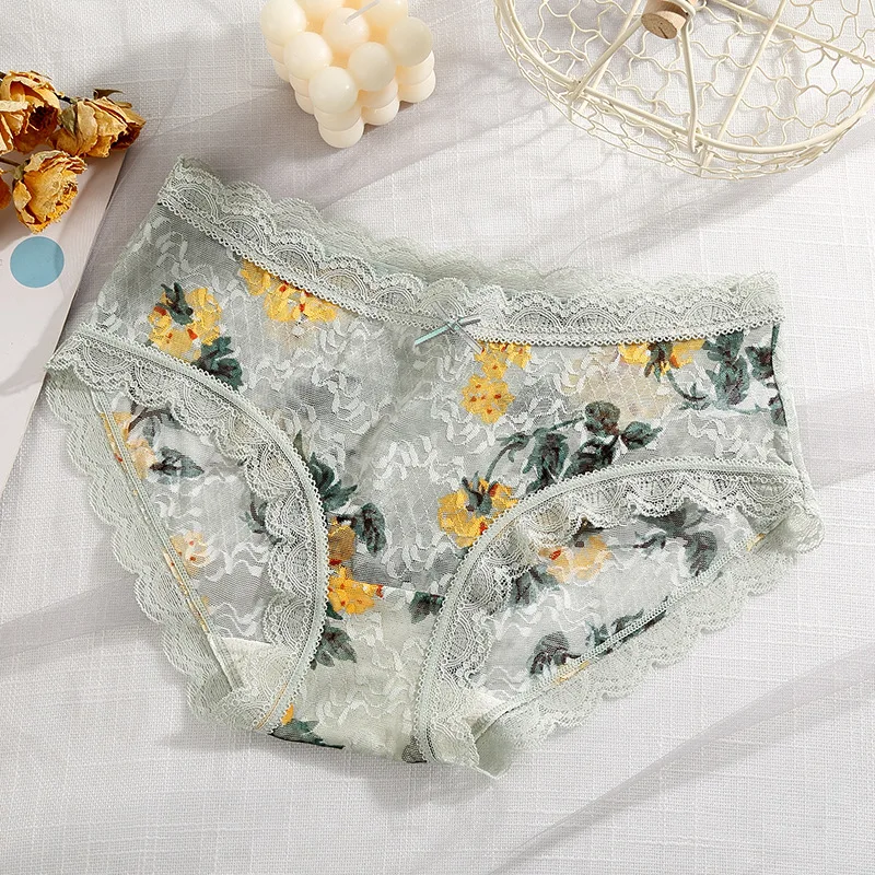 Lace Floral Panties Women\'s Sexy Hot Transparent Mid Waist Briefs Breathable Girls Bow Mesh Ladies Underwears