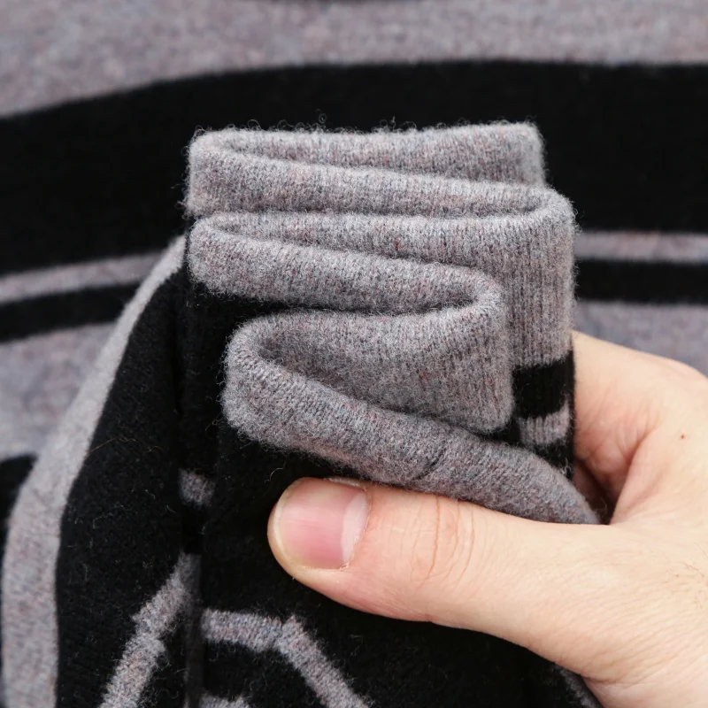 Wool100% Men's Autumn Winter Sweater Round Neck Stripe 12 Stitches Keep Warm Long Sleeves Sweater Fashion Versatile Man Clothes