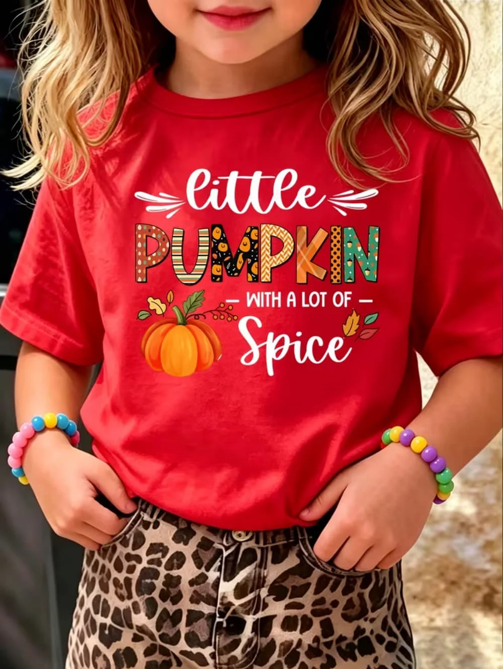 Kids T-Shirt Little Pumpkin with a Lot of Spice Graphic Tee Girls Autumn Thanksgiving Short Sleeve Top Halloween Cute Casual Top