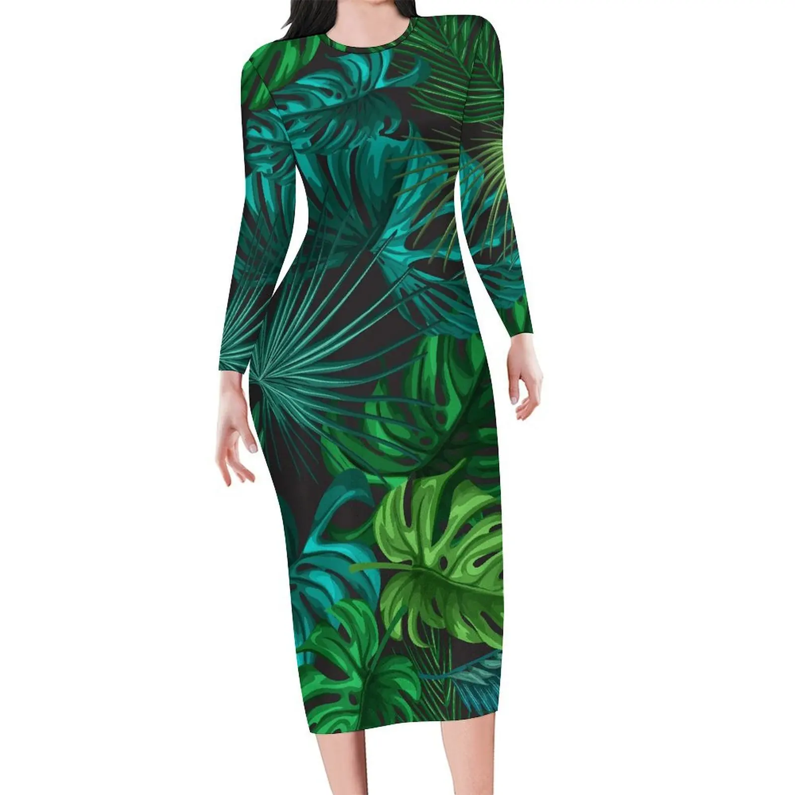 Green Plam Leaf Bodycon Dress Women Tropical Print Night Club Dresses Spring Long Sleeve Street Wear Pattern Dress Big Size