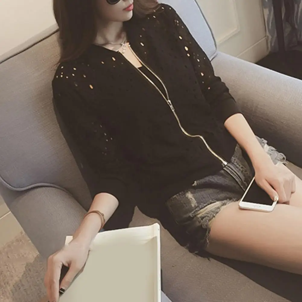 

Acrylic Women Jacket Zip-up Jacket for Her Elegant Lace Stand Collar Baseball Jacket for Women Sheer Hollow Out Coat for Summer