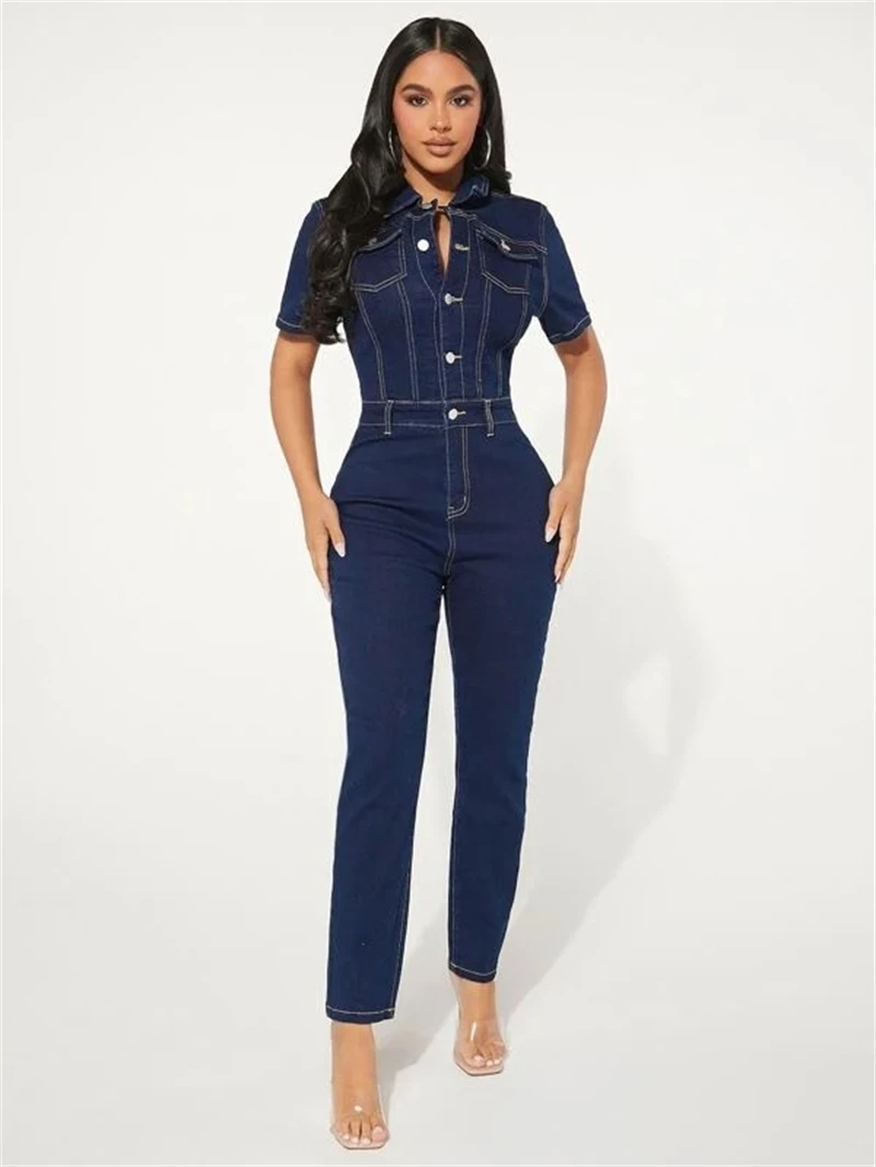 Vintage Denim Jumpsuits for Women Summer Clothing Turn Down Collar Button Up Jeans Rompers Playsuits One Pieces Overalls Outfits