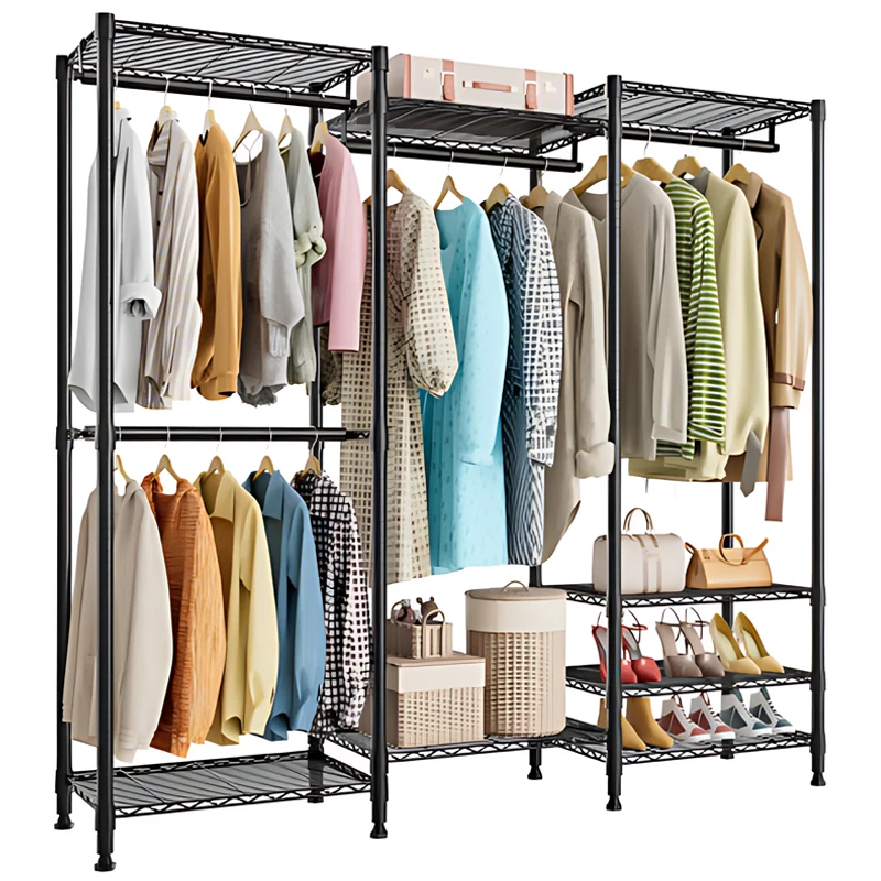 Portable Wardrobe Closet Heavy Duty Hanger Freestanding Closet Metal Hanger with 4 Hanging Rods Adjustable Wardrobe Shelf