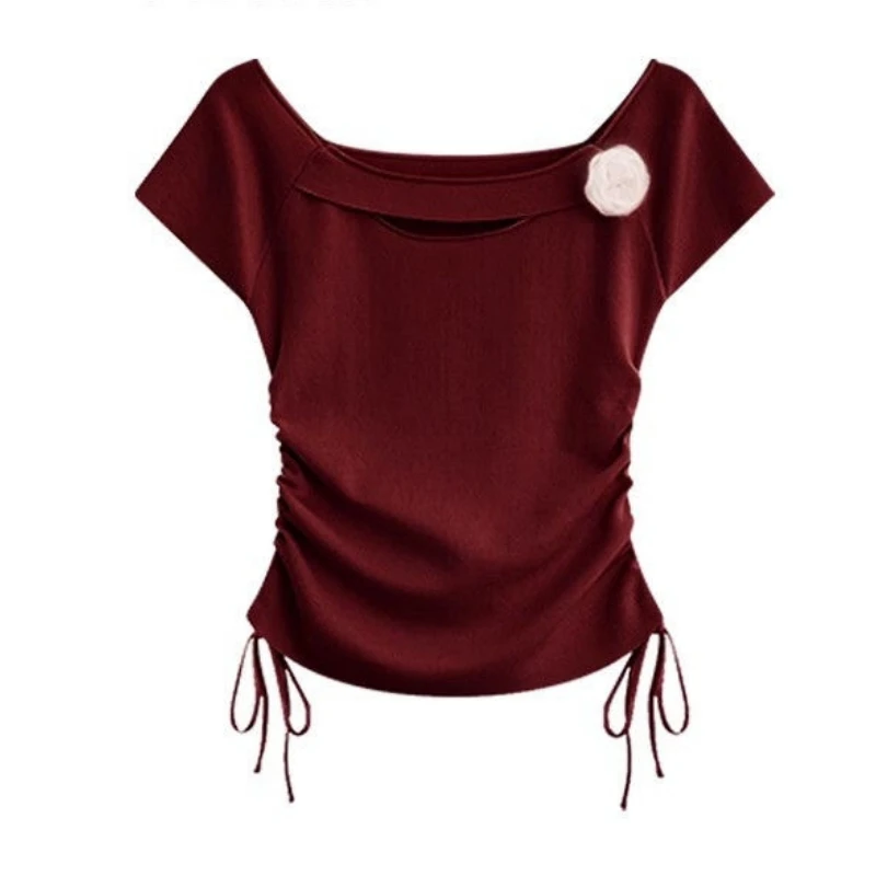 T-shirt da donna Lucky Wine Red Gonne floreali Set da due pezzi 2025 Summer Lady Chic Slim Top Midi Gonna a vita alta Abiti