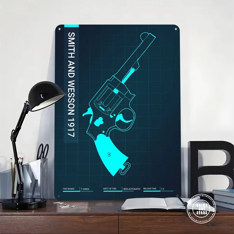 Smith and Wesson 1917 Gun Poster Customized Vintage Metal Signs Wall Art Retro Tin Plaque for Office Decoration Gaming House