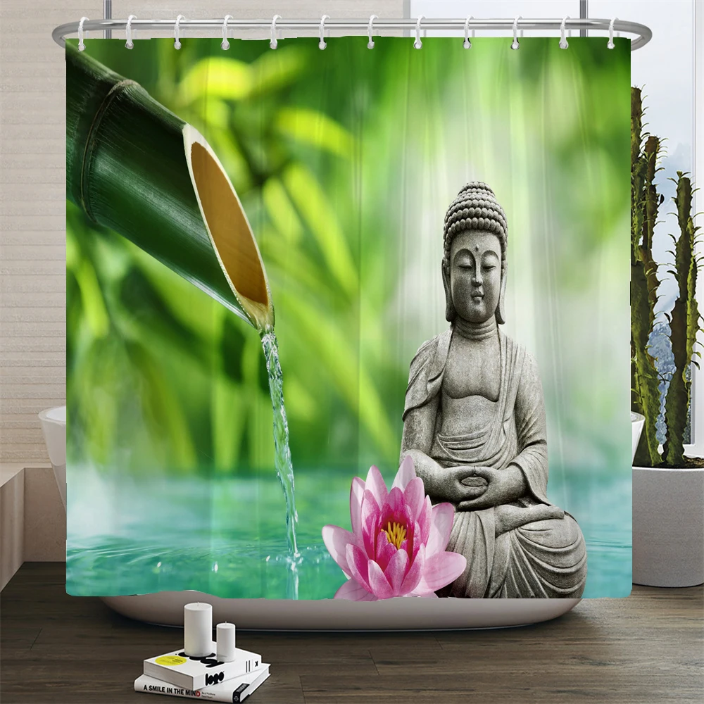 Zen tenda da doccia decorazione del bagno 3D bambù acqua corrente verde bambù Buddha tende da doccia schermo lavabile impermeabile