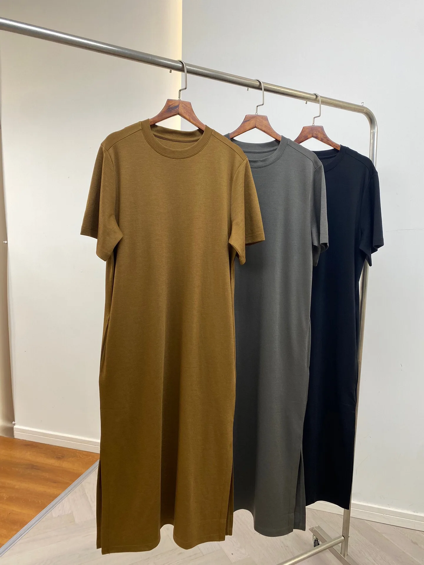 

Midi Dress for Women 2024 New Spring Summer O-neck Loose Casual Solid Color Split Robes
