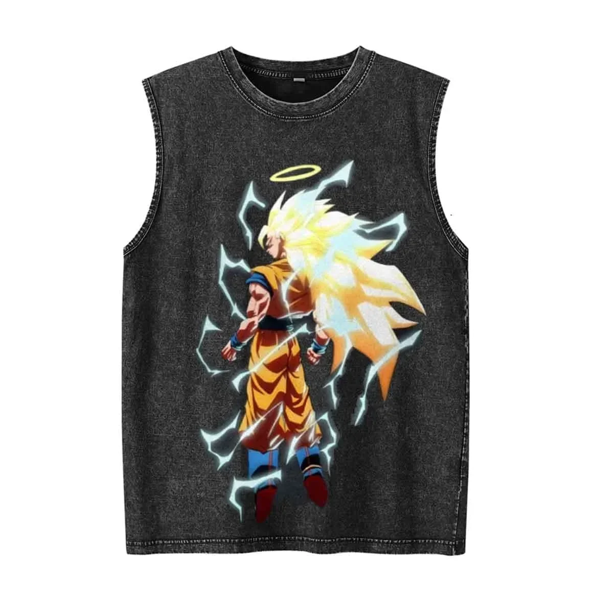 ドラゴンボールメンズタンクトップアニメプリントマンノースリーブシャツヴィンテージウォッシュサマーY2k服オーバーサイズジムベストストリートウェア