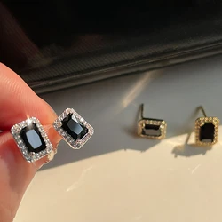 New Arrival Black Zircon Square Stud Earrings for Women Silver Color Stud Earring Girls Party Fashion Jewelry Gifts
