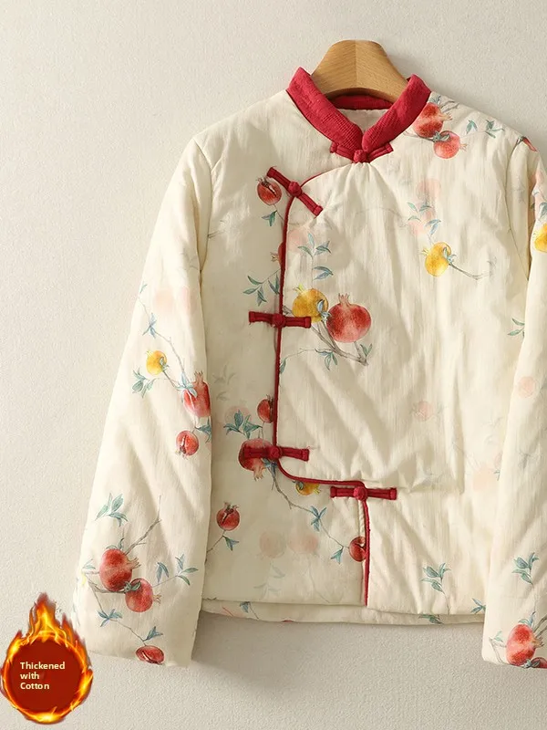 新しい中国風スタンドカラー刺繍入りコットンジャケット レディース 冬用厚手コート ボタン留め改良版チャイナドレス