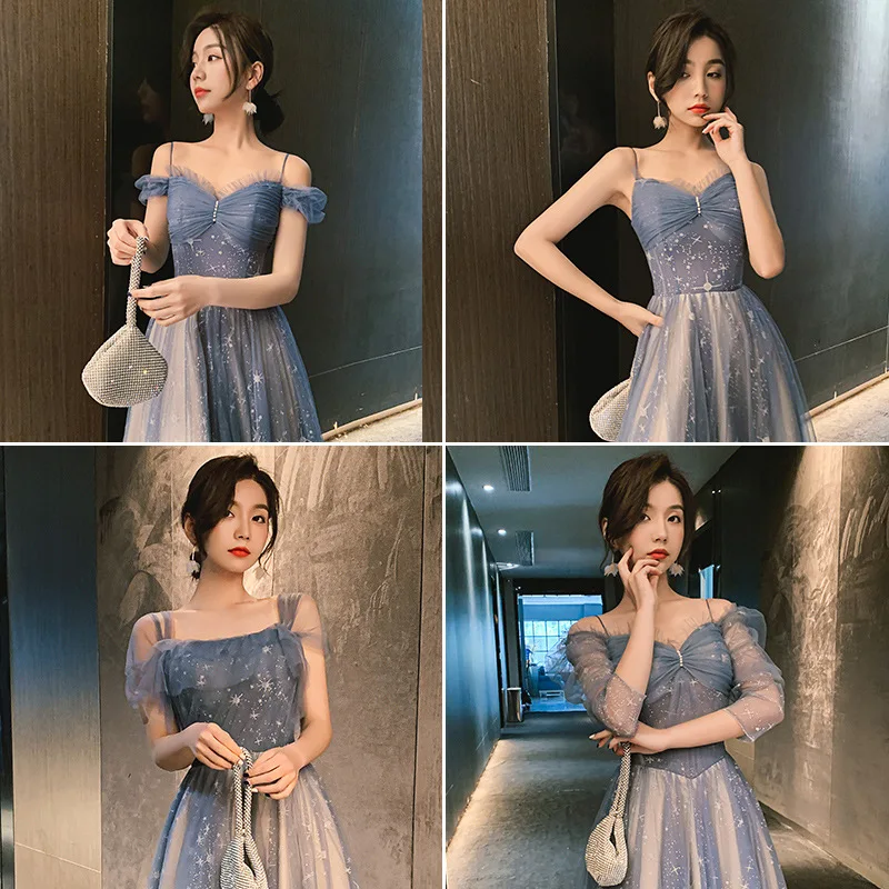 Blue Starry Sky Bridesmaid Evening Dresses New Fairy  Sisters Group Dresses Classic Square Collar Tulle Wedding Party Vestido