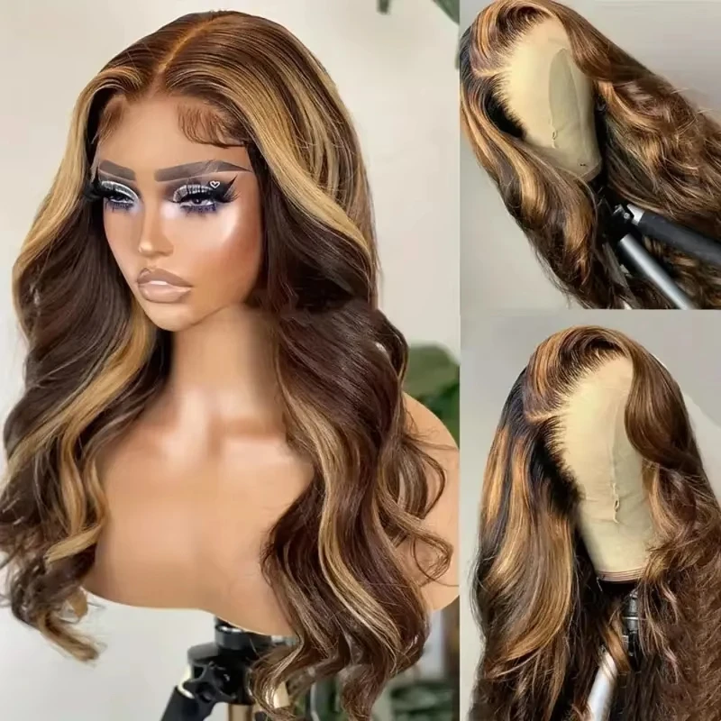 

Парик из натуральных волос Honey Blonde P4/27 с цветными волнистыми прядями, 13x4 HD Lace Frontal, предварительно выщипанный, бразильский, для женщин