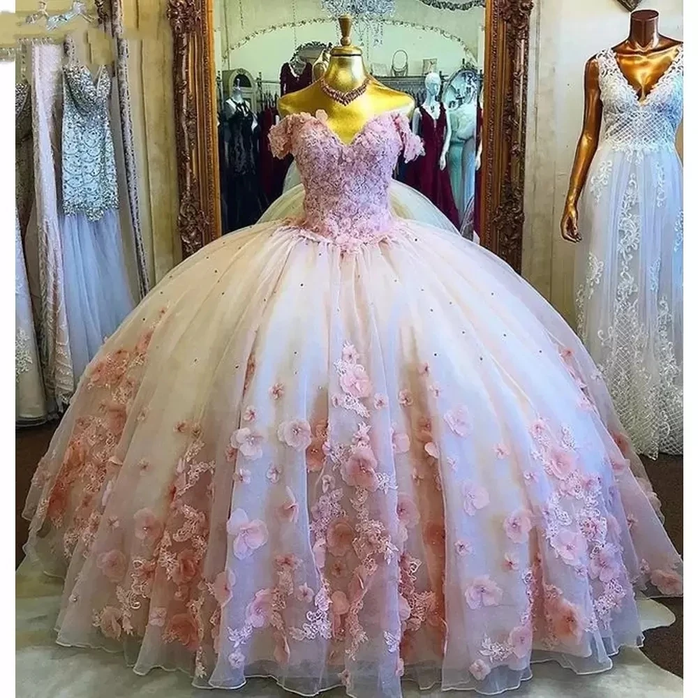 ANGELSBRIDEP-vestido de baile rosa para quinceañera, traje con apliques de flores florales en 3D, vestidos de fiesta de princesa de cumpleaños, personalizado, 15