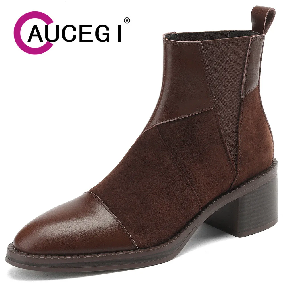 

Aucegi 2024 Pointed Toe New Brand Chunky High Heel Ankle Boots Women Kid Suede Patchwork Genuine Leather Daily Life Comfy Shoes