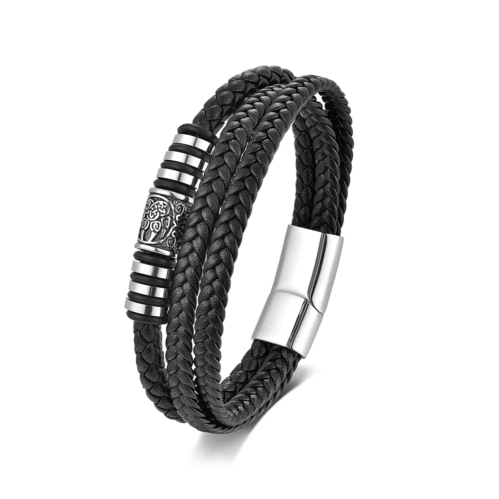 Vintage Vikings Celtic Knot Beads Bracelet For Men Women Stainless Steel Black Braided Leather Rope Chain Wristband Jewelry Gift view 5