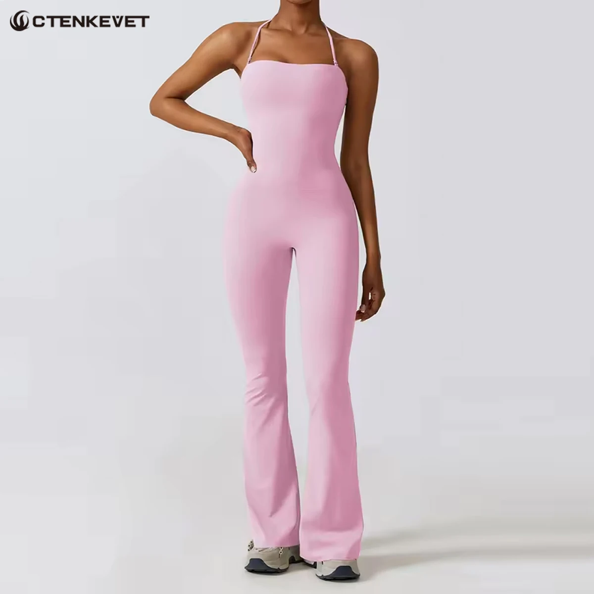 New Summer Women Sleeveless Yoga Jumpsuit Female Gym Flared Overalls Neck-hangi…