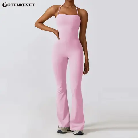 NewFall/Winter Women Sleeveless Yoga Jumpsuit Female Gym Flared Overalls Neck-hanging Backless Sportswear Sport Outfit For Woman