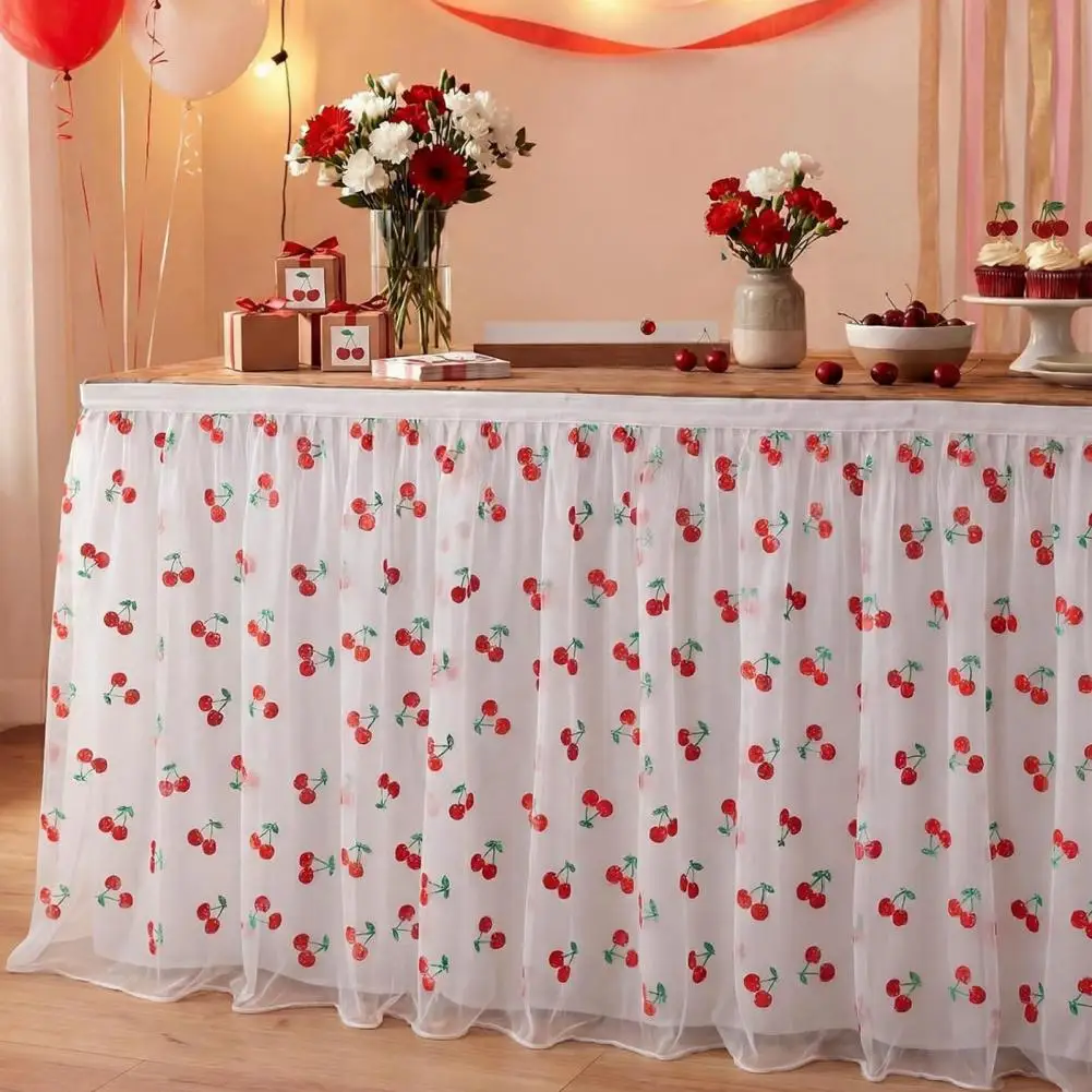 Berry Themed Party Supplies Sheer Tulle Table Runner Strawberry Cherry Pattern Overlay Summer Fruit Table Decor Birthday Party