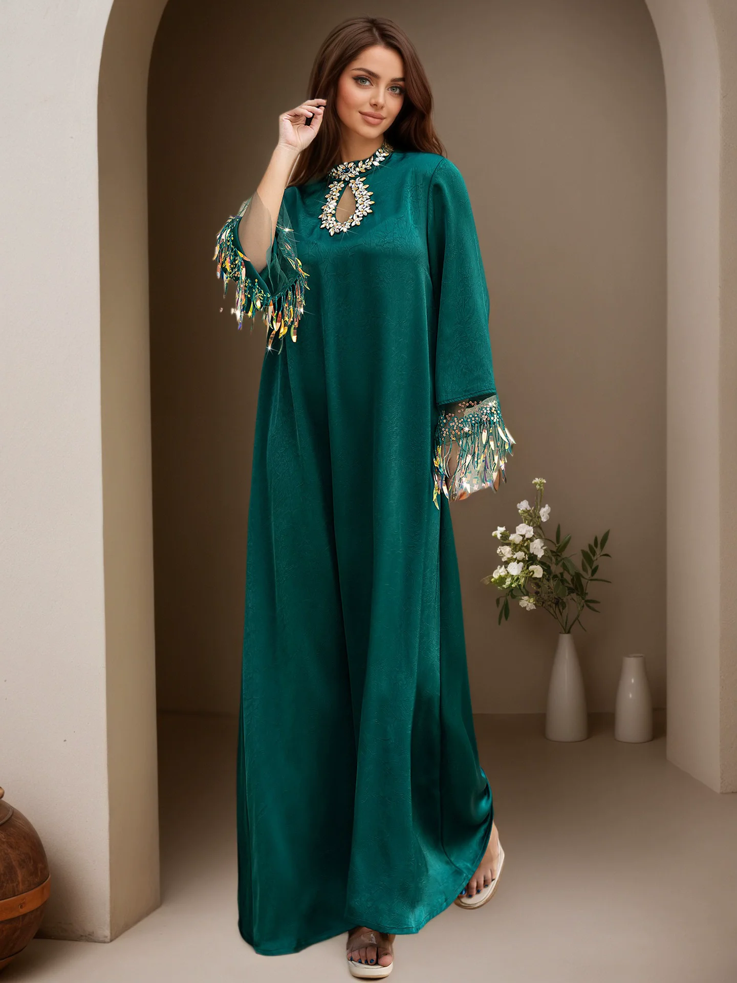 فستان مسلم المملكة العربية السعودية دبي للسيدات بياقة واقفة وأكمام طويلة مخيط يدويًا من الألماس عباية فستان سهرة جديد