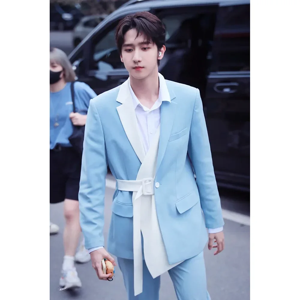 

Blue and White Color Matching Men's Suit Two-piece(Jacket+Pants) New Lace Up Design Handsome Gentleman's Clothing
