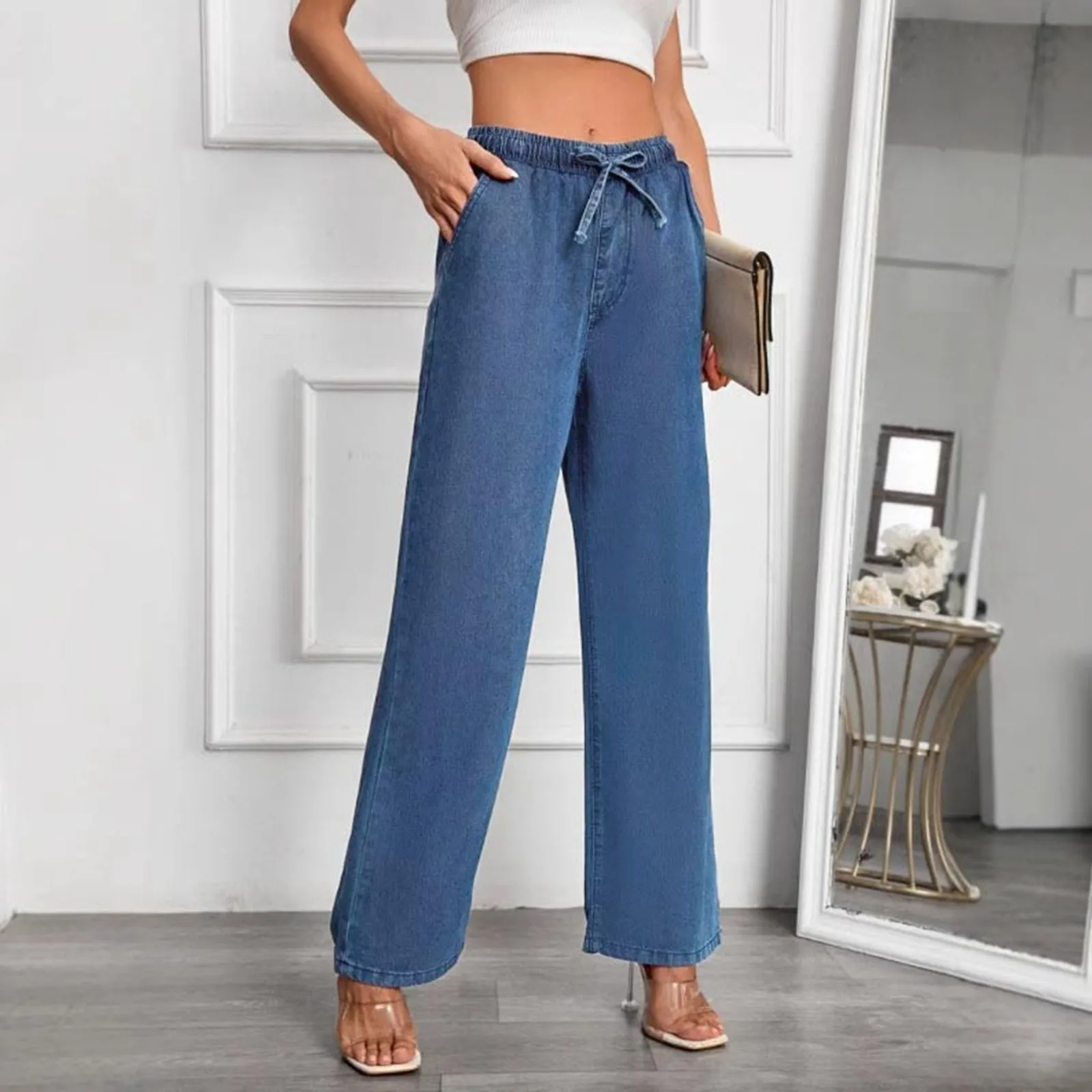 

American Style Retro Streetwear y2k Women's Solid High Waist Loose Casual Pants With Elastic Waistband Womens plus Size Jeans