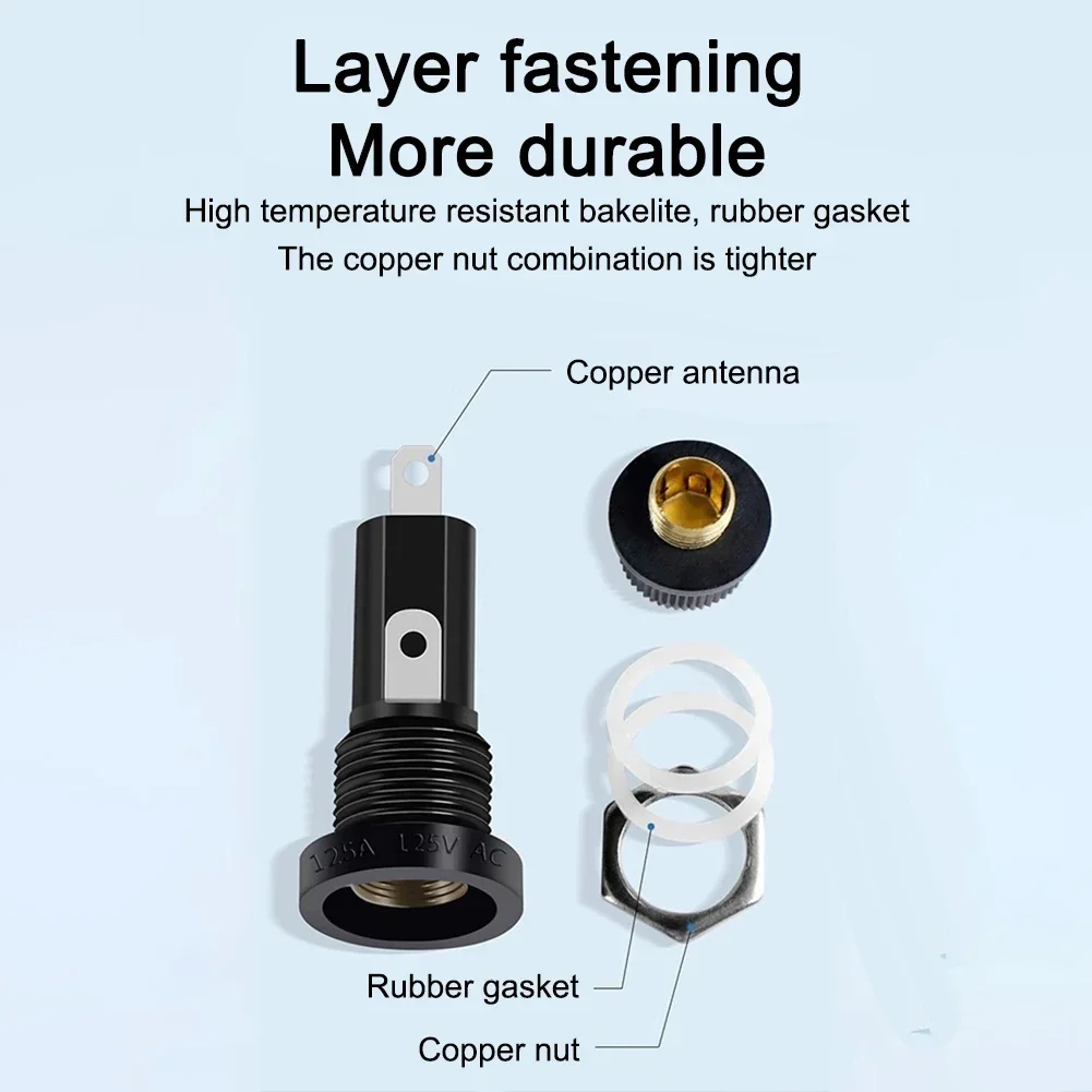 10PCS Panel Mount Chassis Fuse Holder For 5x20mm Glass Fuses 10A 250V Black High Temperature Resistant Copper Nut Electrical