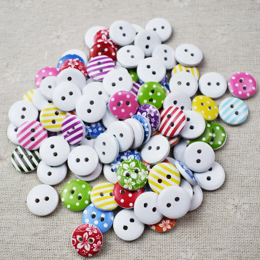 50PCS Flower Round Wood Button Handmade Round Wooden Buttons with 2 Holes 15MM for Sewing Craft Accessories