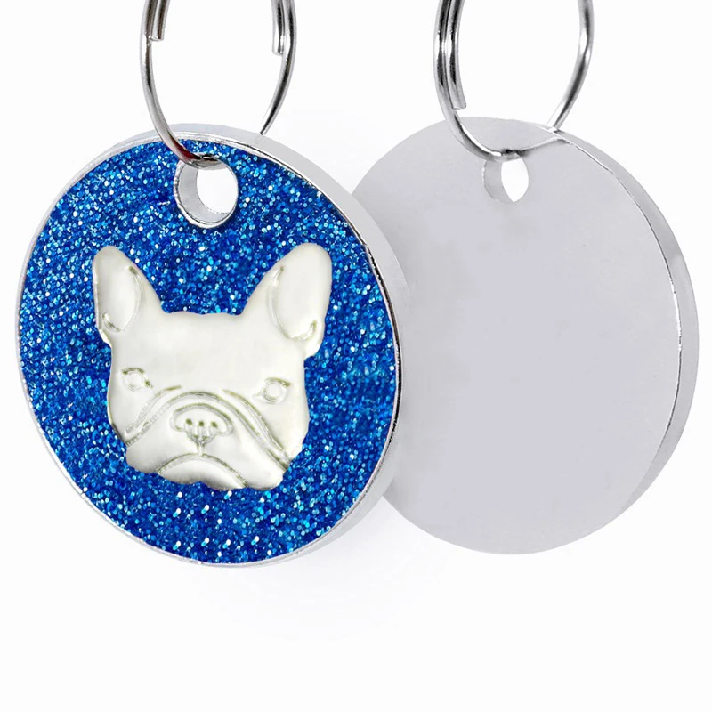 French Bulldog Bell Coloful Glitter Dog Identity Tag Personalized Anti-lost Collar Customized Engraving Pet Name Cat Accessories