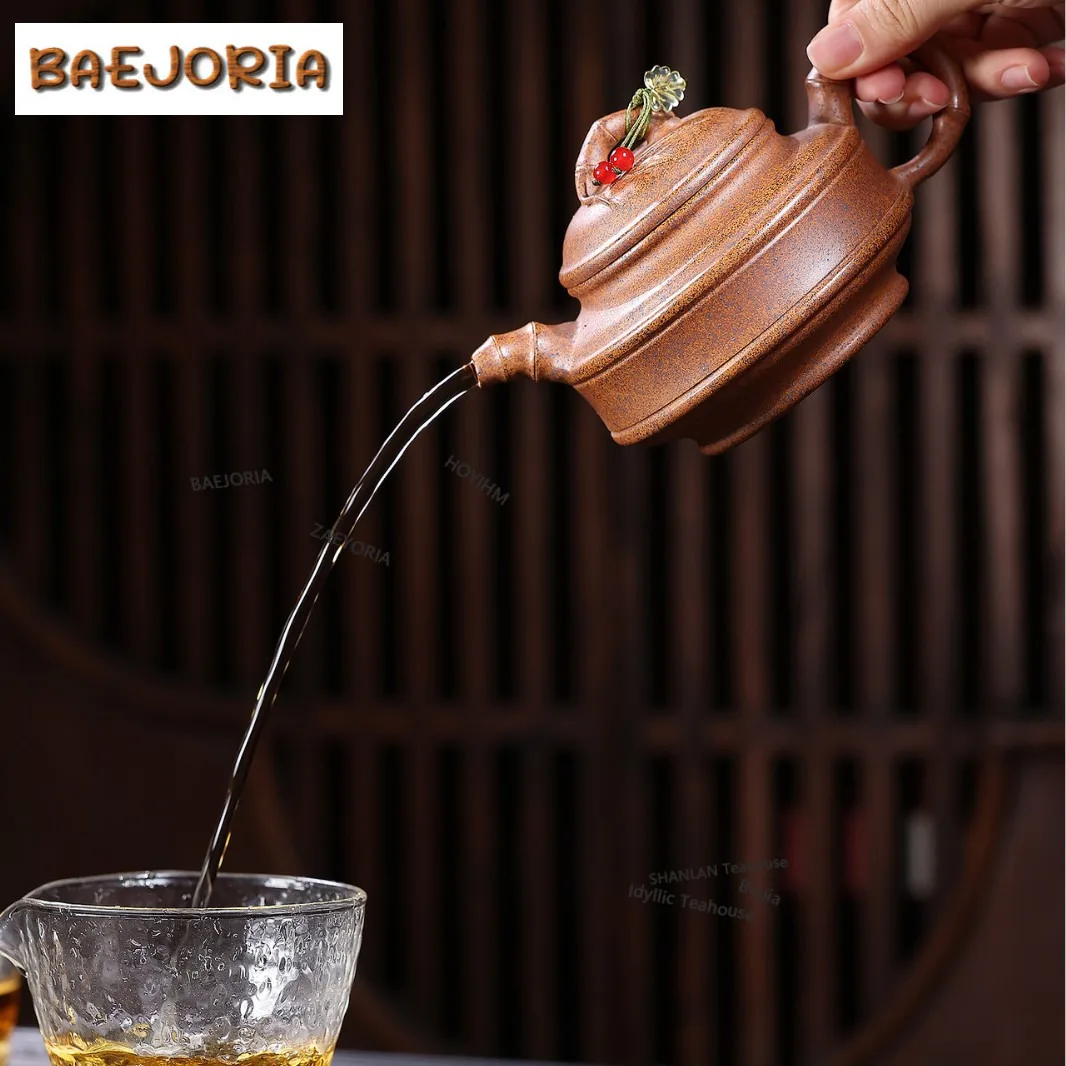 290ml Aesthetic Yixing Purple Clay Teapots Handmade Bamboo Drum Pot Raw Ore The Keel Gold Sand Mud Kettle Zisha Tea Set Craft