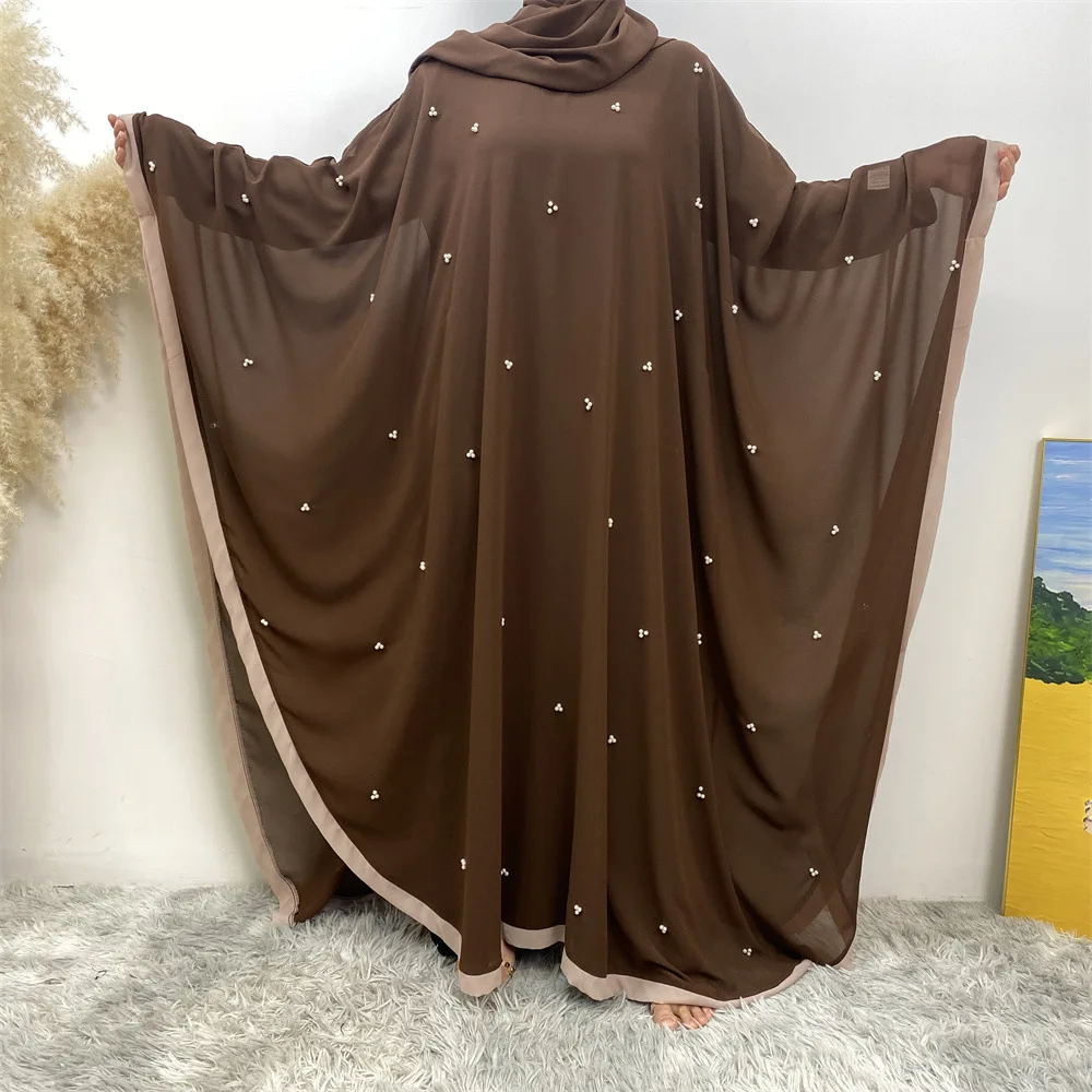 New Eid Chiffon Abayas for Women Muslim Bat Sleeve Dress Dubai Turkey Kaftan Islamic Clothing Pearls Beaded Prayer Robe Ramadan