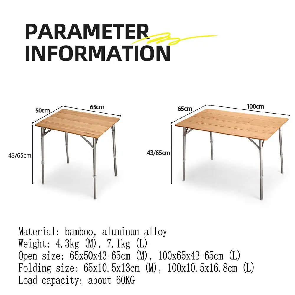 Camping Folding Table Portable Adjustable Height Table Bamboo Aluminium Alloy Table Outdoor Picnic Garden Table