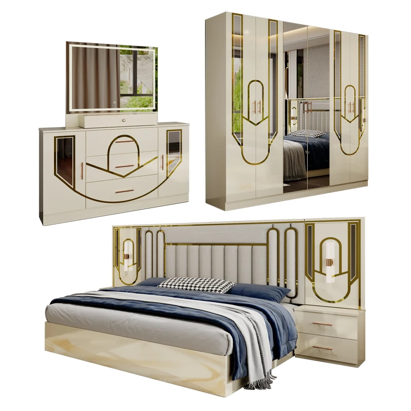 Deluxe Full Bedroom Set Solid Wood Double King Bed Bedroom Home Storage Full Wood Frame Bedroom Furniture Set