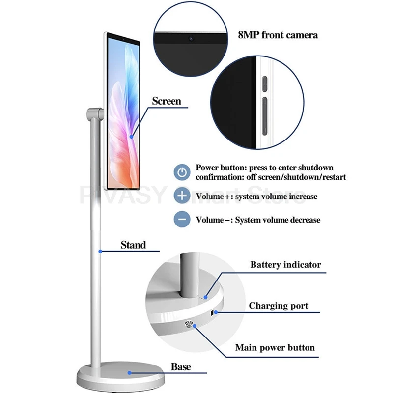 Touchscreen 21,5 Zoll Android 13 Systeme Smart TV 6000 mAh Batterieleistung 6 + 128 G Gerät Drehbarer beweglicher Monitor für Live-Fitnessstudio