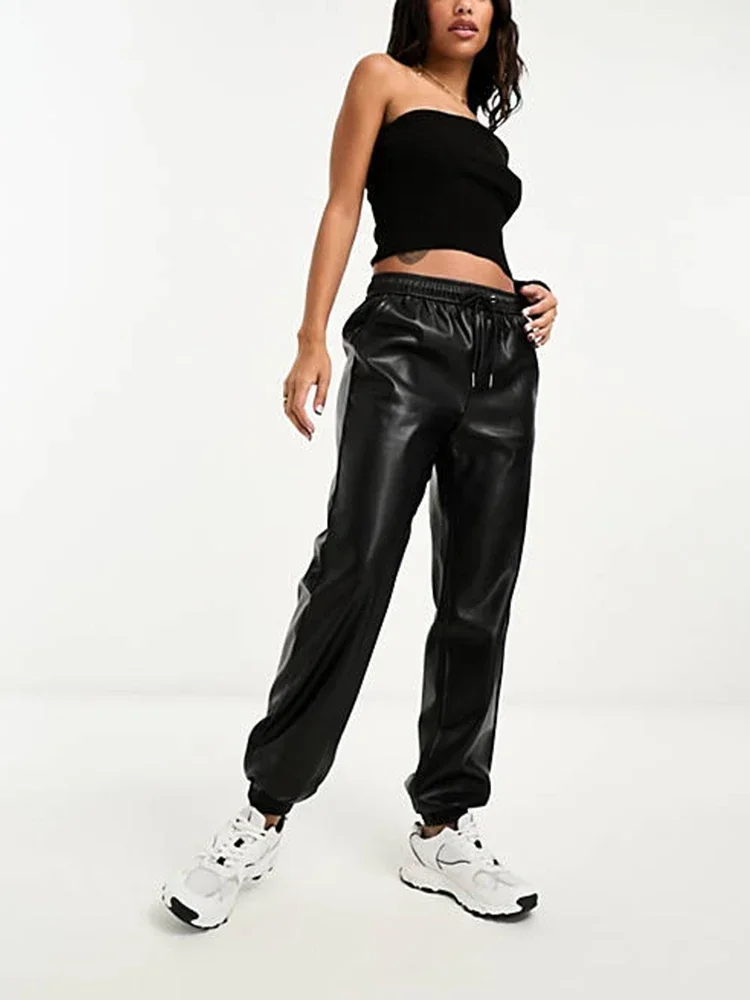 

Casual Matte Leather Sweatpants Women High Waist Drawstring Joggers With Pocket Ladies Loose PU Bloomers Party Trousers Custom