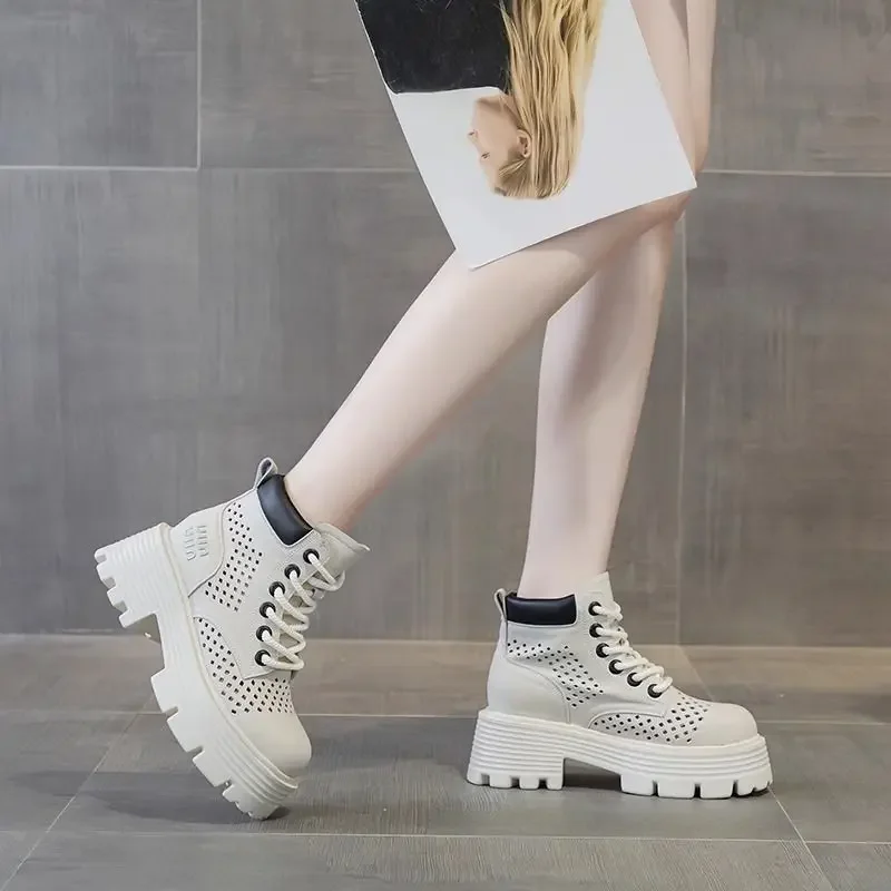 Women's Summer Thin 2024 New Height Increasing Insole Hollow-out Sandal Genuine Leather Elevator Boots