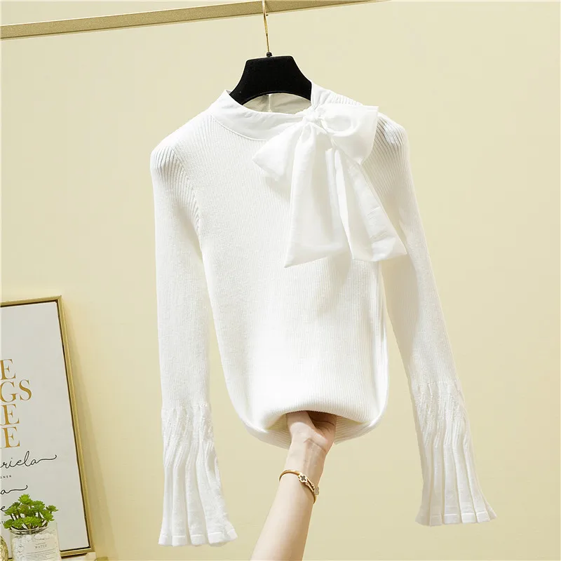 Real Shot Western Style Large Bow Tie Pullover Sweater Korean Style New Slim Fit Slimming Lace up Inner Wear Base Sweater