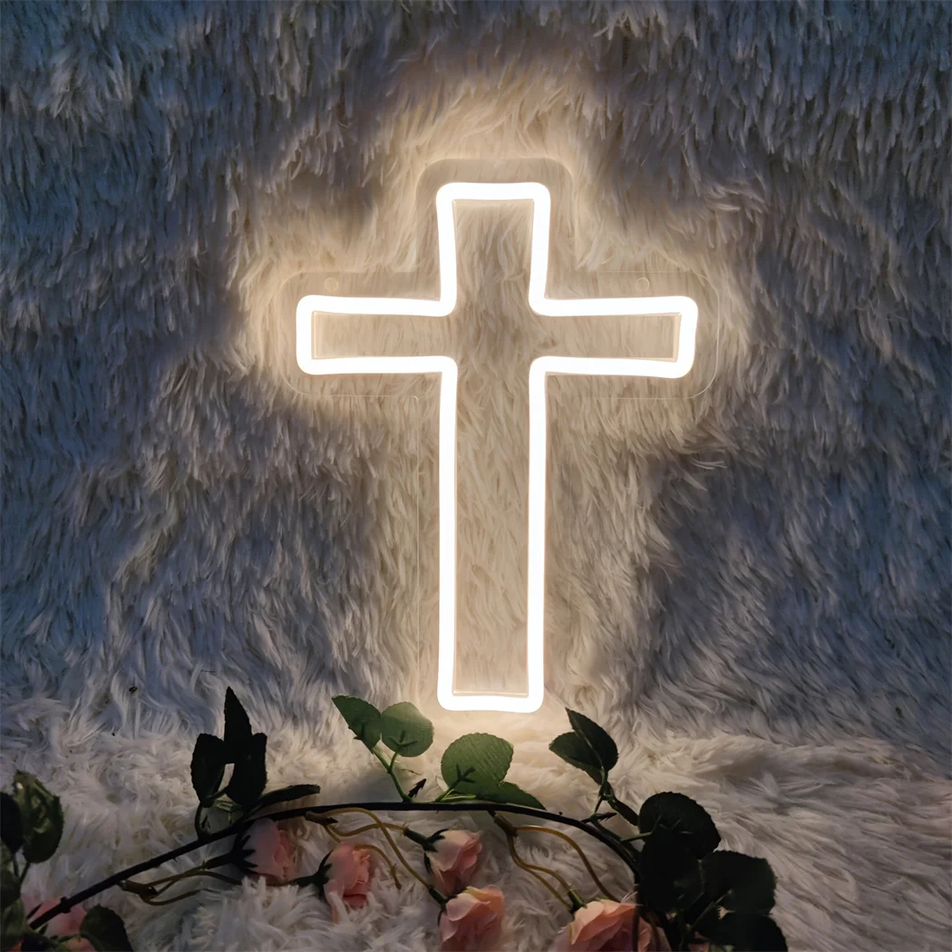 Jesus Cross LED Neon Sign USB Powered Wall Decor, Christian Symbol Neon Light for Bedroom, Christening & Baby Shower Decoration