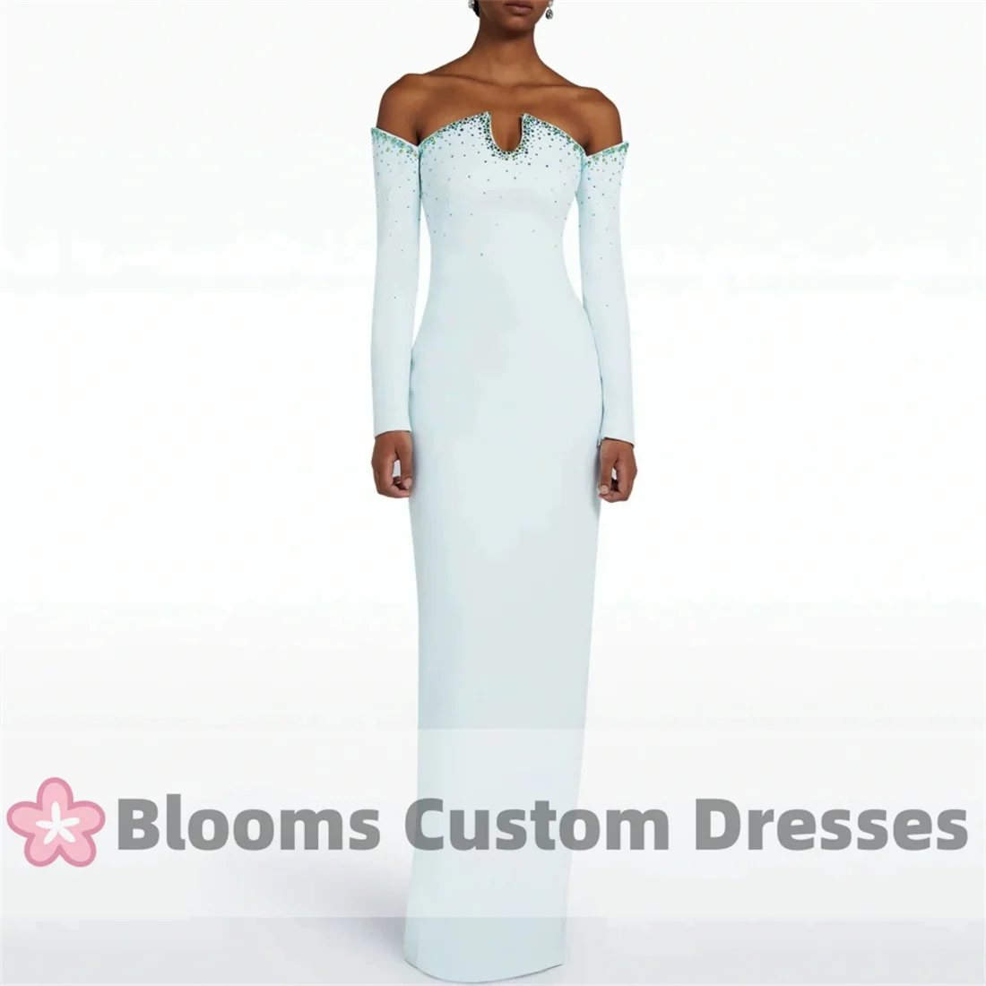 Blooms Light Blue Customized Evening Dresses Elegant Long Sleeves Formal Occasion Backless Wedding Green Blue Beaded Prom Dress