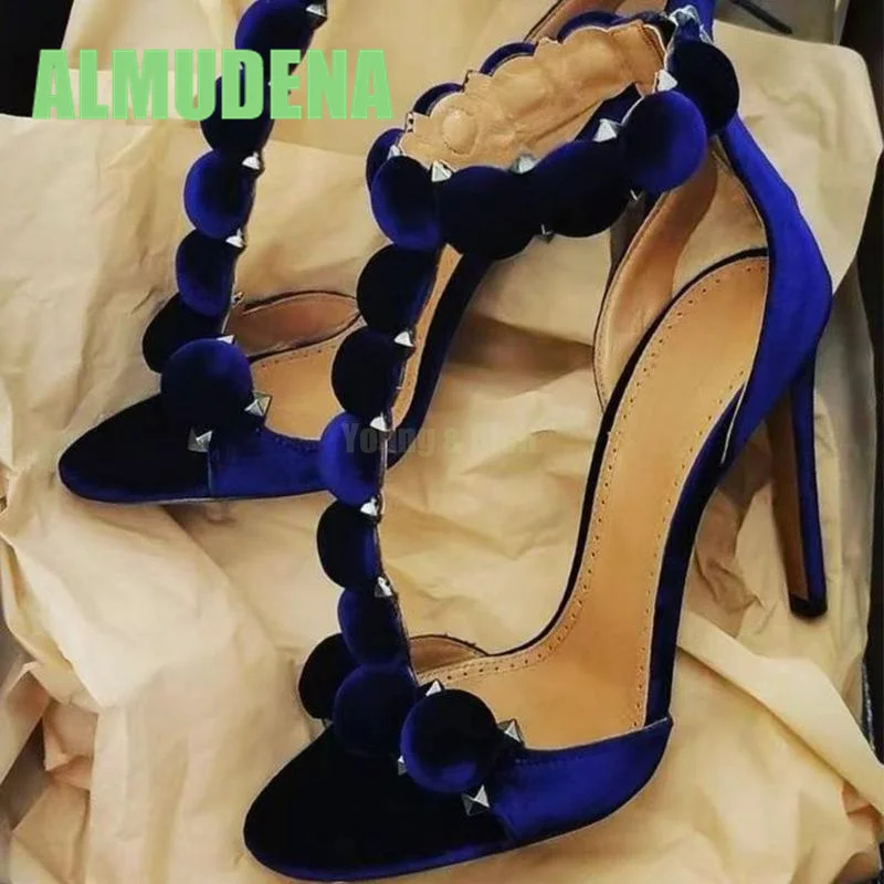 Strap Sandals with Fashionable Buttons Round Ball Design Zipper Rivets Exposed Toe Style Women's Slim High-Heeled Party Shoes