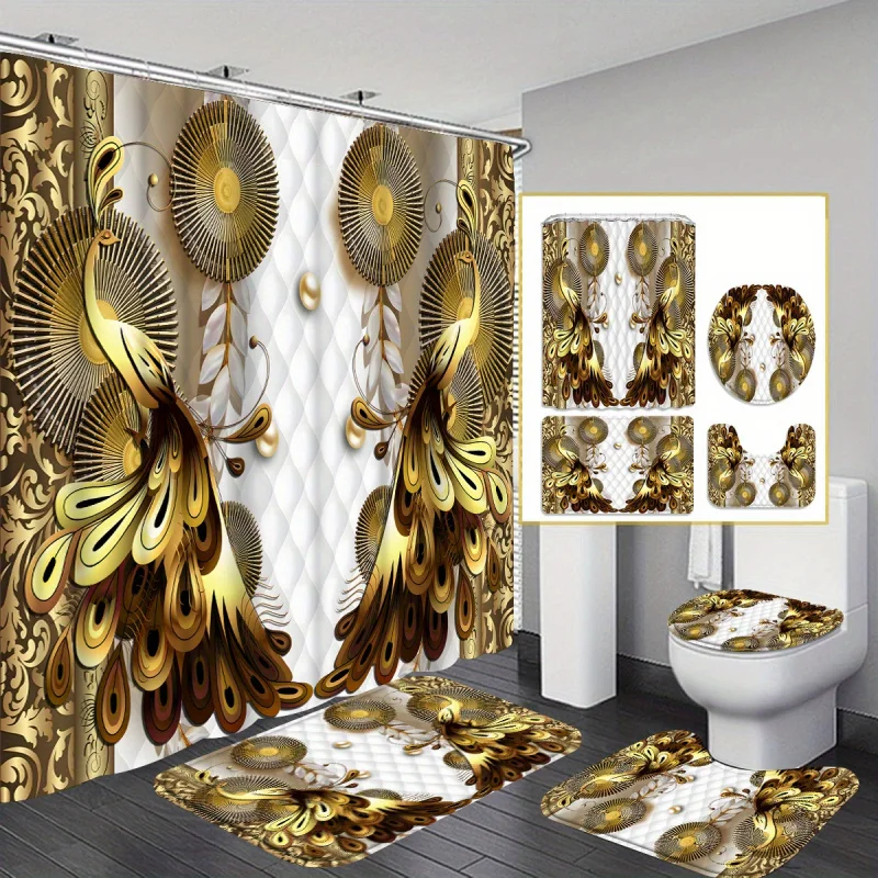 4pcs The Luxurious Peacock Gate Shower Curtain Gift Modern Home Bathroom Decoration Curtain and Toilet Floor Mat 3-piece Set wit