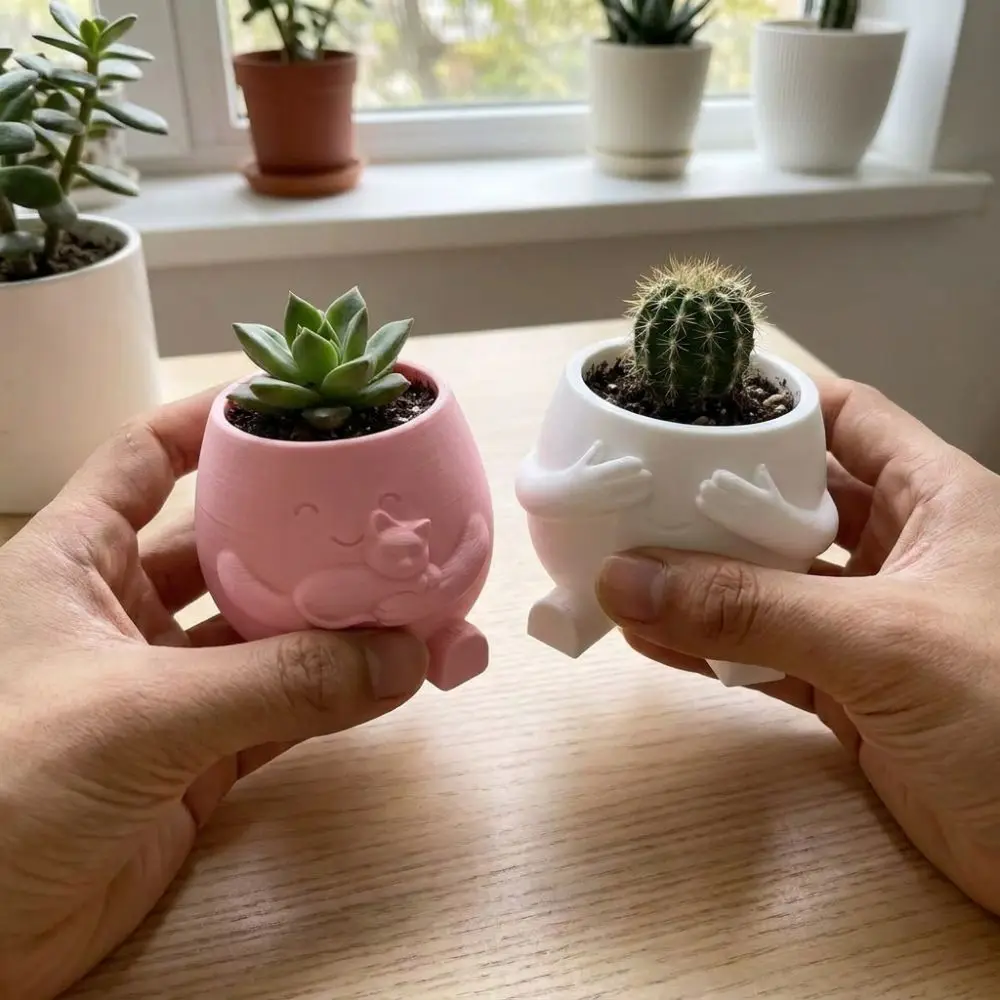3D Printed Hugging Cat Succulent Planter Pot Happy Expression Cartoon Shy Cover Eyes Character Plant Pot Plastic Novelty