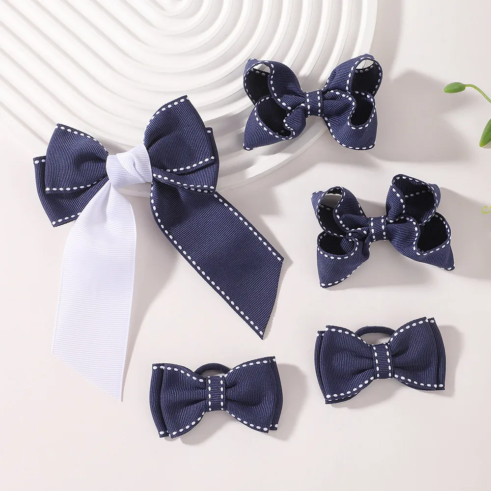 JOLLYPASS 1/2pcs Navy Blue Bow Hairclip Hair Rope Combination Set High Quality Ribbon Hair Accessories Girls' School Headwear - view 3
