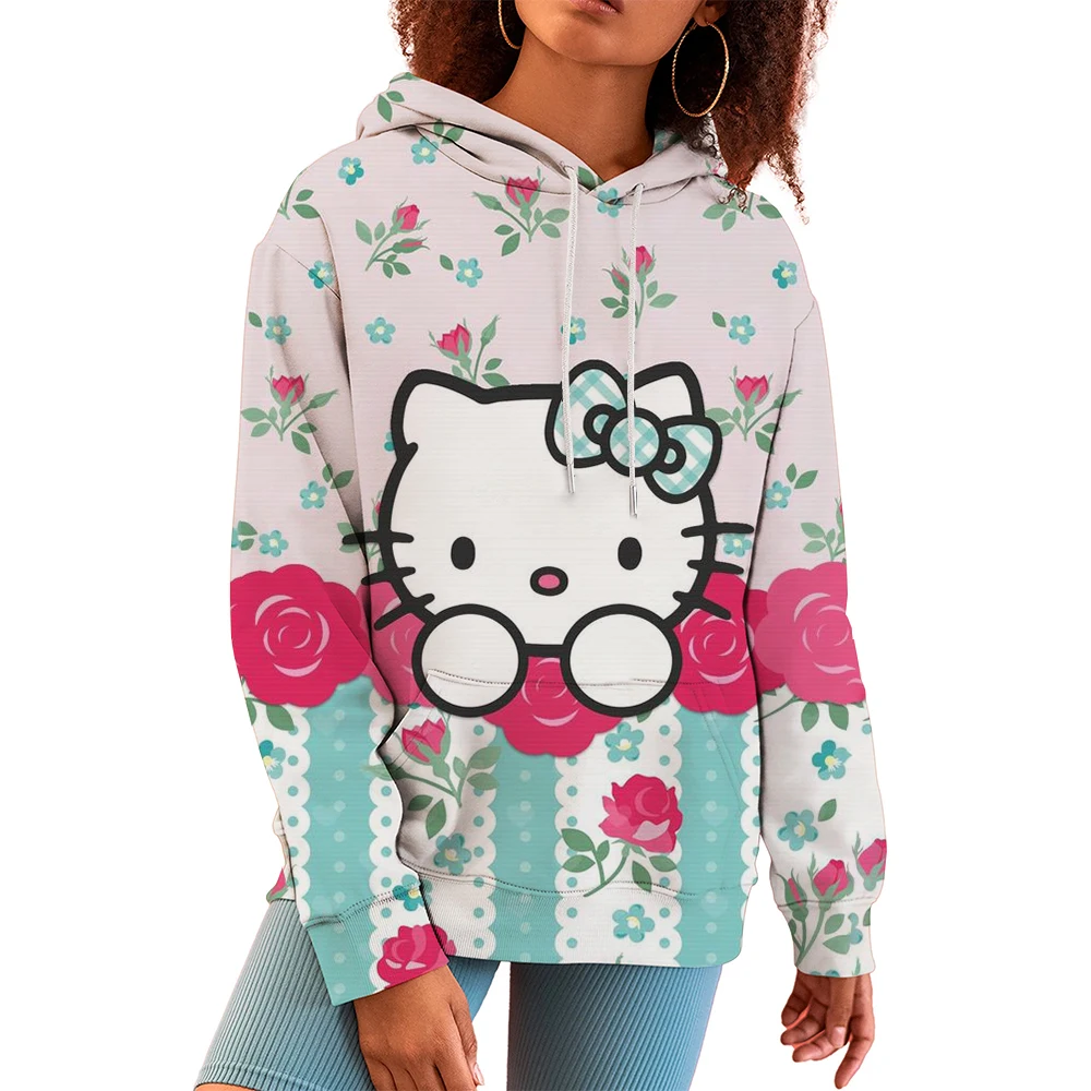 

2024 New Casual Women's Sweatshirts Hello Kitty Kawaii Tops for Women Cute Hoodies Fashion Harajuku Long Sleeves Plus Size