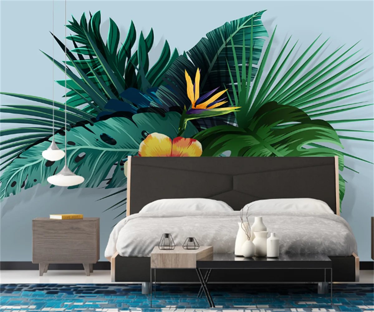 

Custom 3D any size wall painting stickers modern minimalist tropical plant leaves nostalgic background wall decoration painting