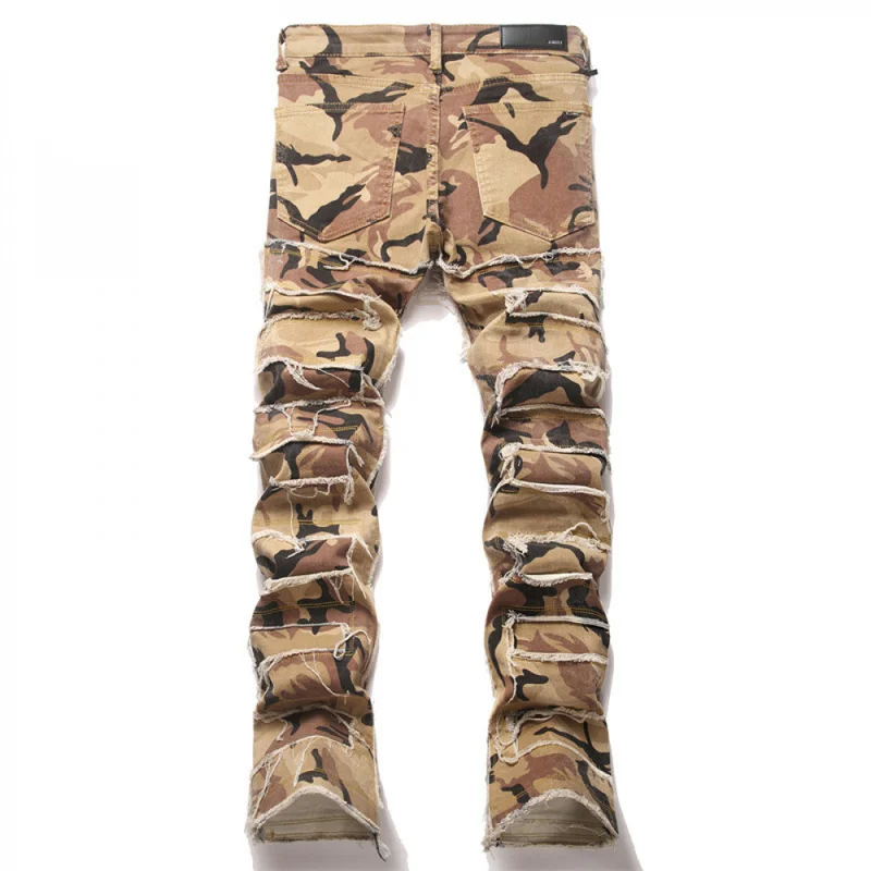 QICHE 2026 Men Punk Style Blue Stretch Slim Flare Jeans Camo Spliced Patchwork Youth Trendy Street‑wear Denim Long Trousers