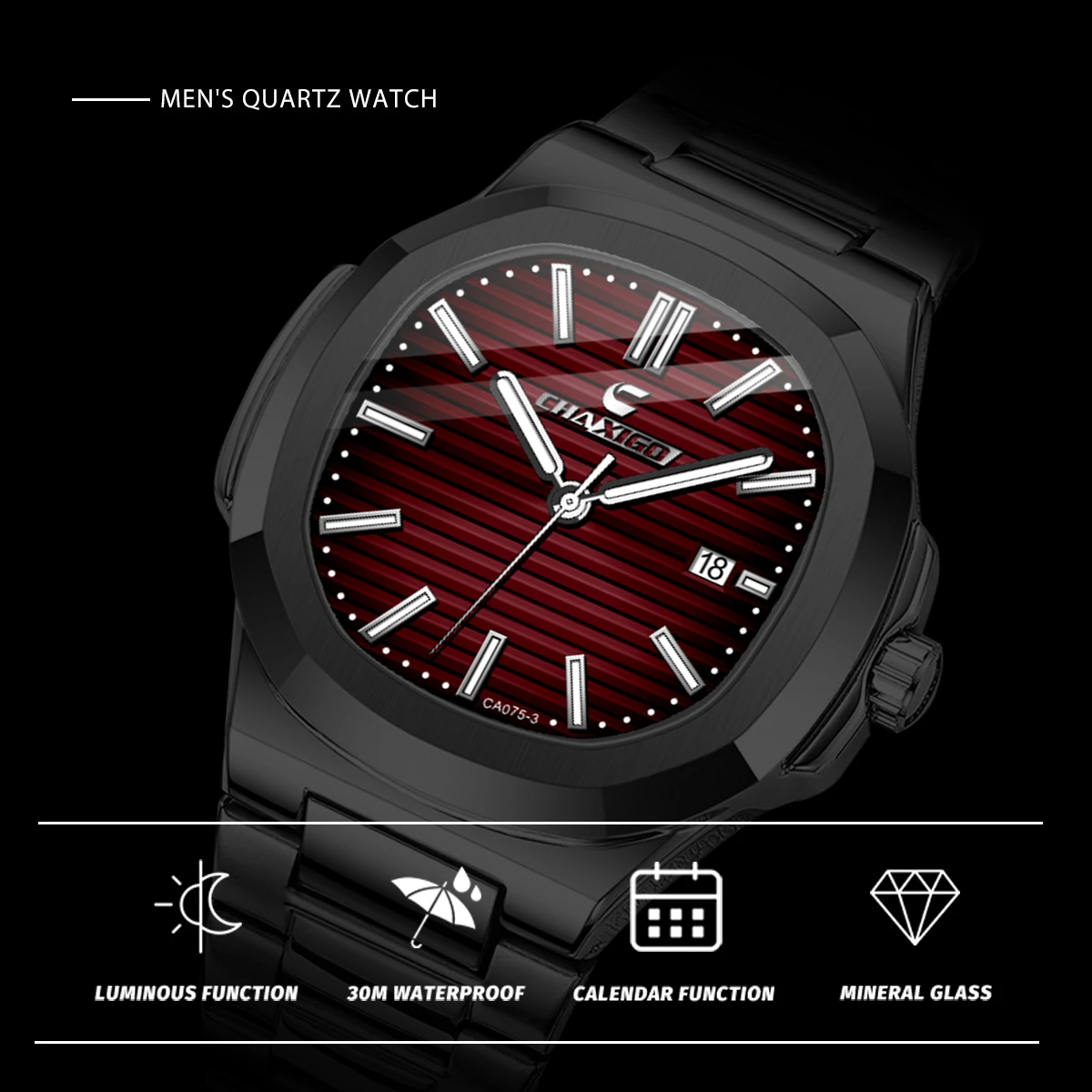 CHAXIGO Masculino Clássico Negócios Casual Pulseira de Aço Inoxidável Relógio de Quartzo Vidro Mineral Display Luminoso Relógio Vestido À Prova D 'Água